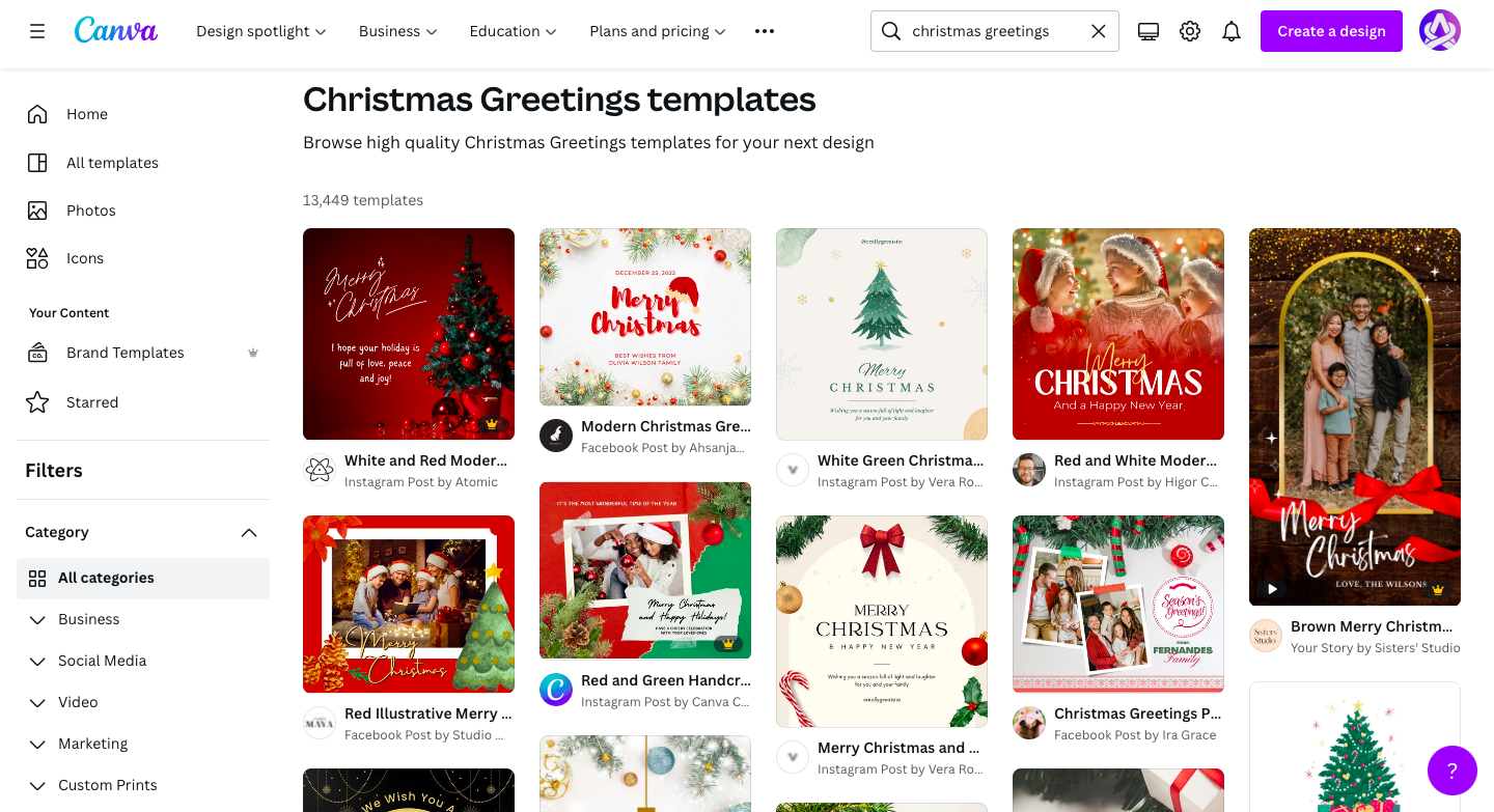 Christmas greetings templates on Canva